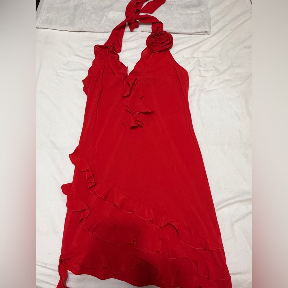 PrettyLittleThing Red Ruffle Halter Dress - Picture 2 of 5